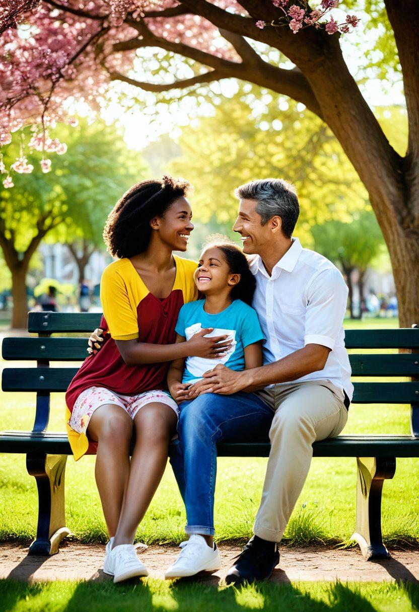 A loving couple holding hands while sitting on a park bench, surrounded by playful children. In the background, a serene environment with blooming flowers and a sunlit sky symbolizes warmth and safety. Open insurance documents flutter gently on their laps, representing expert advice being shared. Emphasize love and protection through family imagery. vibrant colors. super-realistic.